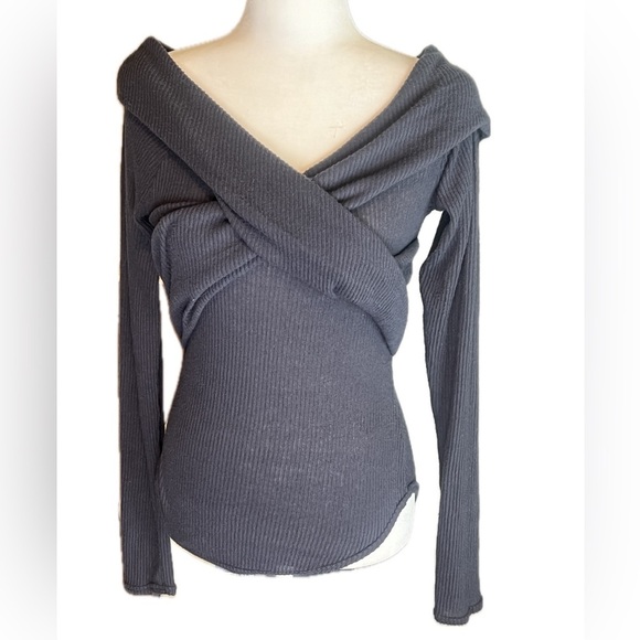 Free People Marley cross front long sleeve ribbed sweater top navy blue s small - Picture 3 of 8